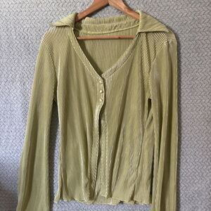 Lyaner Lime Green Plisse Top XL Pleated Button Up Ribbed Retro 70s Flare Sleeve
